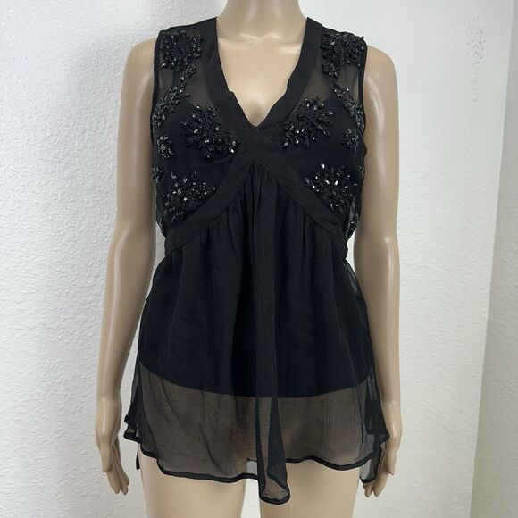 Plenty Tracy Reese Black Chiffon Beaded  babydoll Top Whimsigoth Fairy Y2k Retro - Picture 1 of 10